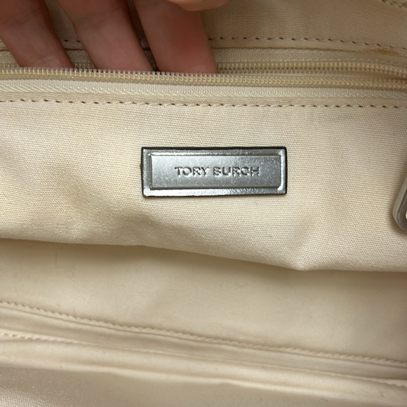 Tory Burch Beige Tote Bag with Metallic Silver Accents and Logo - Picture 6 of 9